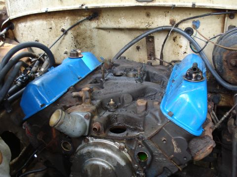 1967 Ford F-250 - Engine bay of a 1967 Ford F-250, showing the V8 engine with blue valve covers and carburetor.