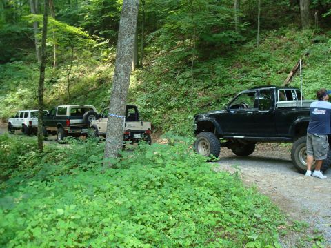 1995 Ford Bronco - A line of off-road vehicles, including a tan Ford Bronco, are parked on a wooded dirt path.