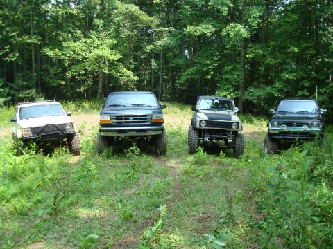 1995 Ford Bronco - A lineup of four modified off-road vehicles are parked in a wooded area on a sunny day.