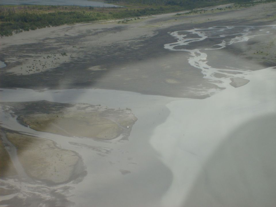 Aerial view of a river delta with sandy banks and vegetation