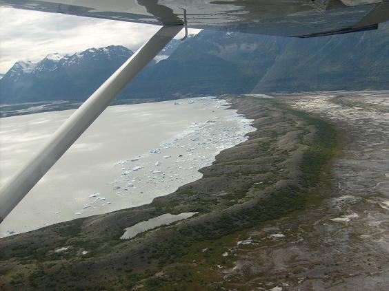 Aerial view of a glacial lake with icebergs, mountains, and a shoreline with vegetation. Part of an aircraft wing is visible in the foreground