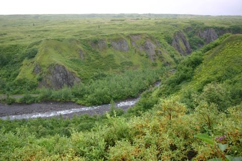 2003 Jeep TJ - A wide view of a river carving its path through a lush, green canyon landscape.