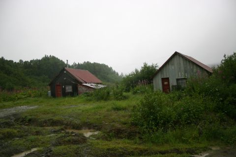 2003 Jeep TJ - Two weathered cabins stand amidst overgrown vegetation under a cloudy sky, with muddy ground in front.