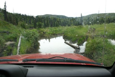 2003 Jeep TJ - Vehicle navigates a water-filled path through a wooded, grassy landscape.