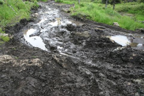 2003 Jeep TJ - A rough, muddy trail with deep tire tracks and water puddles, suggesting difficult off-road conditions.