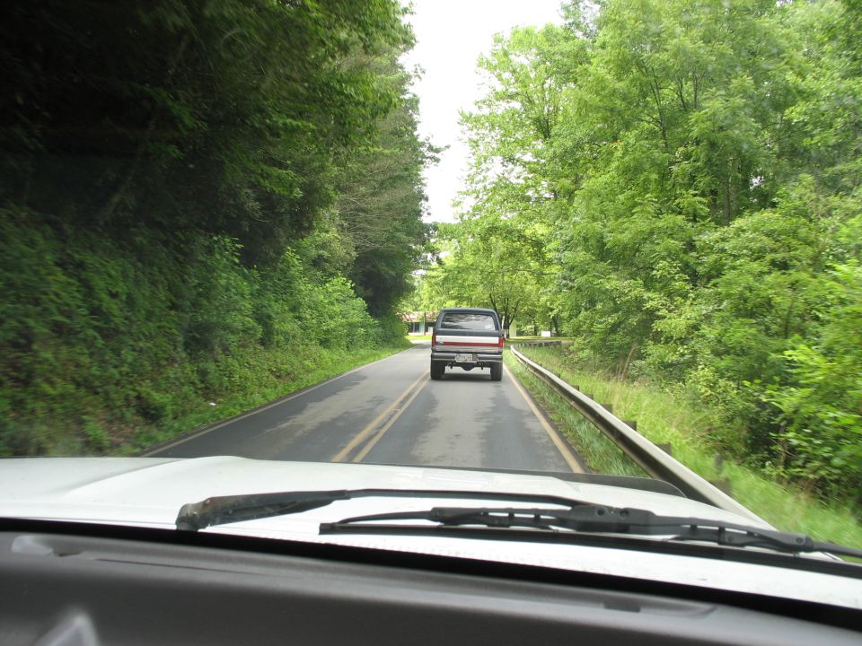 Pickup truck driving on a two-lane road surrounded by trees. View from inside another vehicle