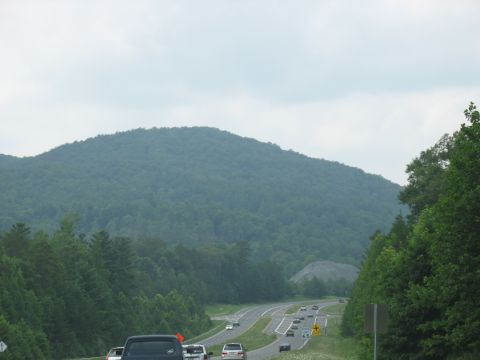 1995 Ford C-350 (Centurion Conversions) - Vehicles travel on a highway bordered by trees and mountains on an overcast day.