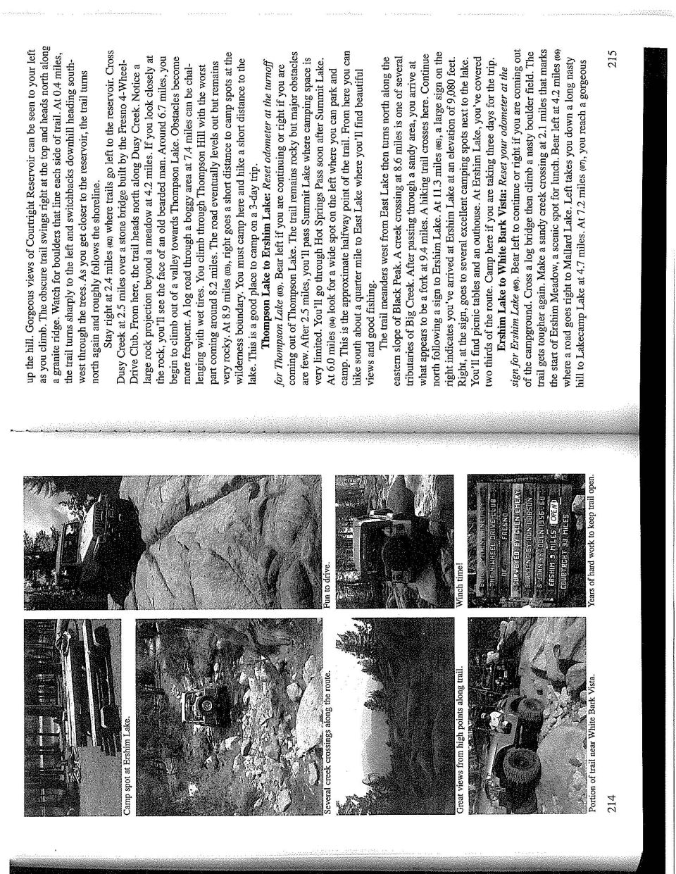 Scanned 4x4 trail guide pages for Dusy-Ershim route with photos and mileage directions