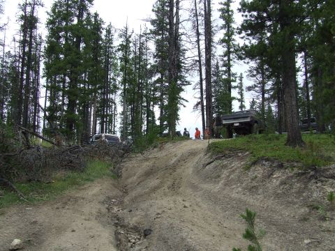1990 Ford Bronco - Several vehicles are parked on a dirt incline surrounded by tall pine trees.