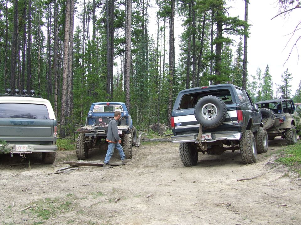 Dark green 1990 Ford Bronco with spare tire on rear, parked in forest