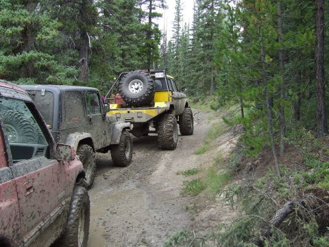 1990 Ford Bronco - Multiple off-road vehicles navigate a muddy path through a dense forest.