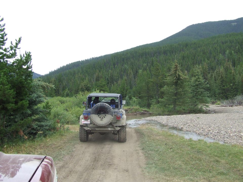Rear view of a Jeep Wrangler on a dirt road with a forest and mountain backdrop