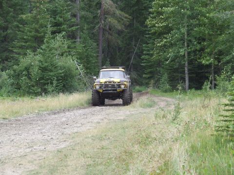 1990 Ford Bronco - Modified yellow truck driving on a gravel road through a wooded area.