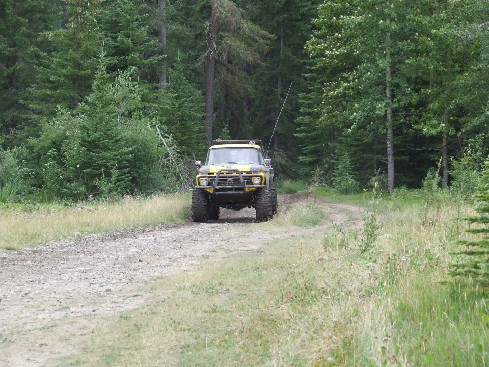 Yellow off-road truck with large tires on a dirt road in a forest