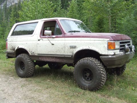 1990 Ford Bronco - This lifted Ford Bronco, covered in mud, sits off-road with trees and a mountain in the background.