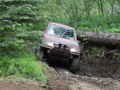 1990 Ford Bronco - Off-road SUV navigates a difficult muddy terrain with a fallen tree nearby.