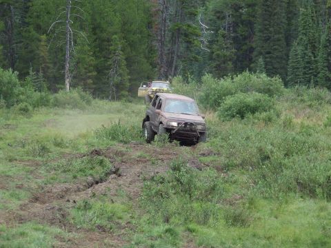 1990 Ford Bronco - Several off-road vehicles navigate a challenging, overgrown terrain during an outdoor rally.