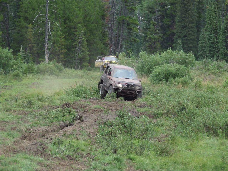 brown SUV is driving through a muddy, grassy area with trees in the background. Another yellow SUV is behind it