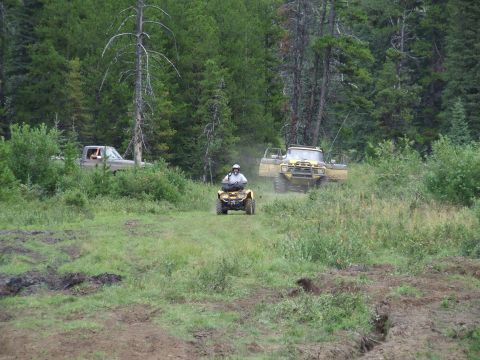 1990 Ford Bronco - Multiple off-road vehicles are gathered in a grassy, wooded area, with one ATV in the foreground and two trucks behind it.