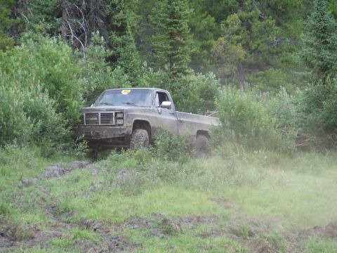 1990 Ford Bronco - Pickup truck navigating a muddy off-road trail surrounded by dense foliage.