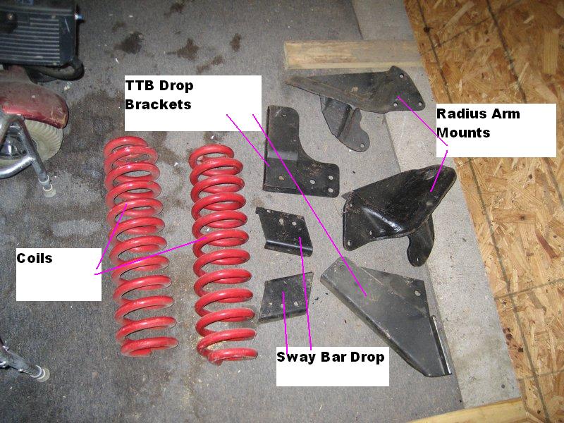 Red coils and black metal brackets labeled TTB Drop Brackets, Radius Arm Mounts, and Sway Bar Drop