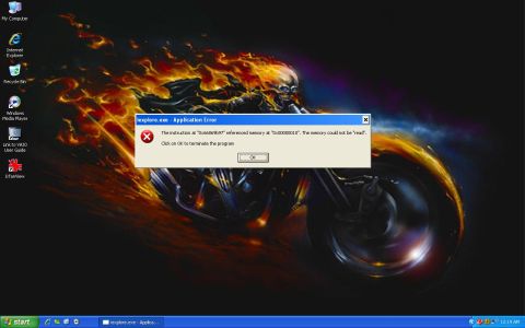 1995 Ford Bronco - An application error message is displayed over a computer desktop a flaming skull on a motorcycle.