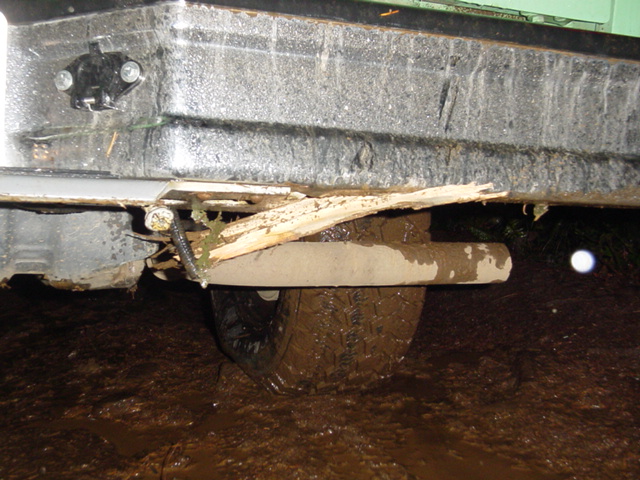 Partrick trimmed a tree root with his bumper too