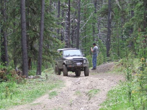 1990 Ford Bronco - A Suzuki Samurai navigates a wooded trail, with a person observing.