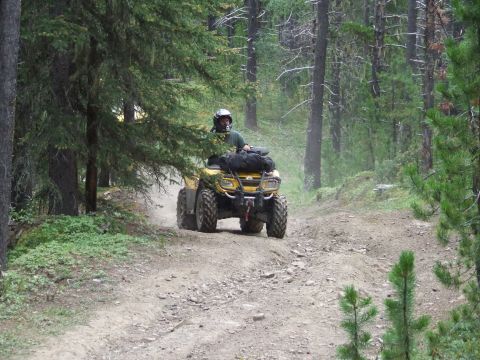 1990 Ford Bronco - Rider on a yellow ATV navigates a dusty dirt road through a wooded area.