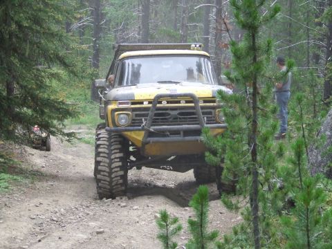 1990 Ford Bronco - A yellow Ford truck navigates a wooded trail during an off-road event.