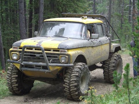 1990 Ford Bronco - Modified Ford pickup truck with off-road tires and custom cage on a forest trail.