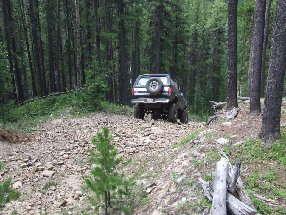 1990 Ford Bronco rear view on a rocky forest trail