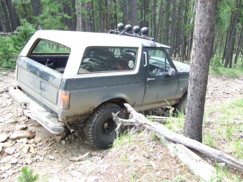 1990 Ford Bronco - This Ford Bronco is navigating a wooded, rocky terrain.