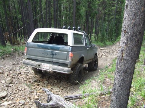1990 Ford Bronco - Ford Bronco navigates a rough, rocky path through a dense forest.