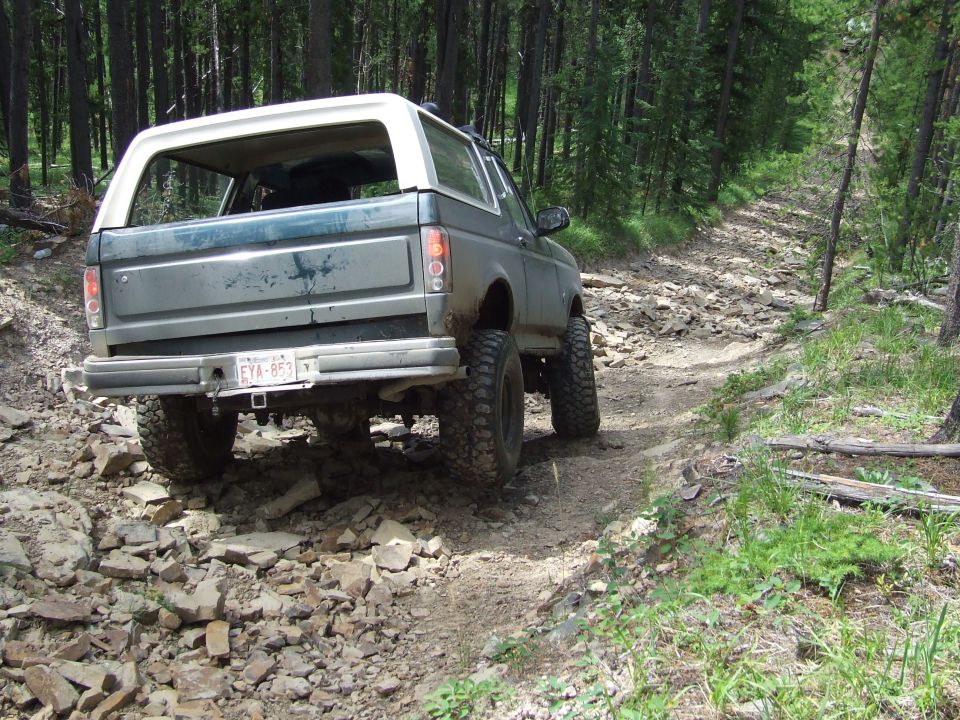 Rear view of a 1990 Ford Bronco on a rocky forest trail