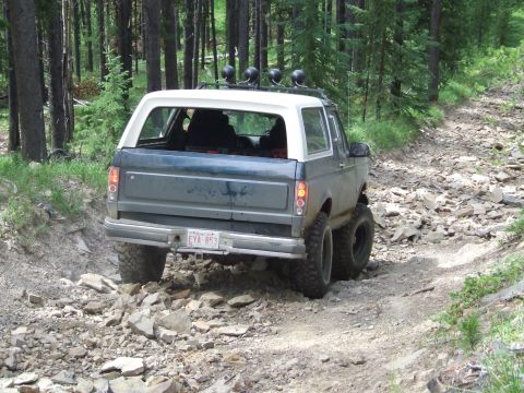 1990 Ford Bronco - A Ford Bronco navigates a rough, off-road path through a forest.