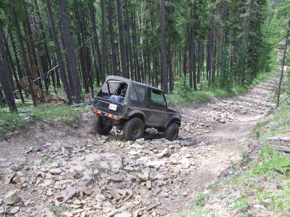 Off-road vehicle on a rocky trail through a forest. The vehicle is dark colored with a soft top