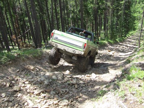 1990 Ford Bronco - This vintage Ford Bronco navigates a challenging, rocky path through a dense forest.