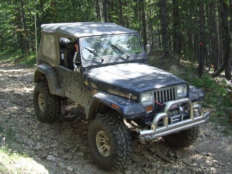 1990 Ford Bronco - Jeep Wrangler YJ navigating a rough, wooded path.