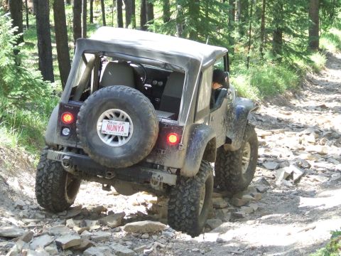 1990 Ford Bronco - A Jeep Wrangler navigates a challenging, rocky off-road trail through a forest.