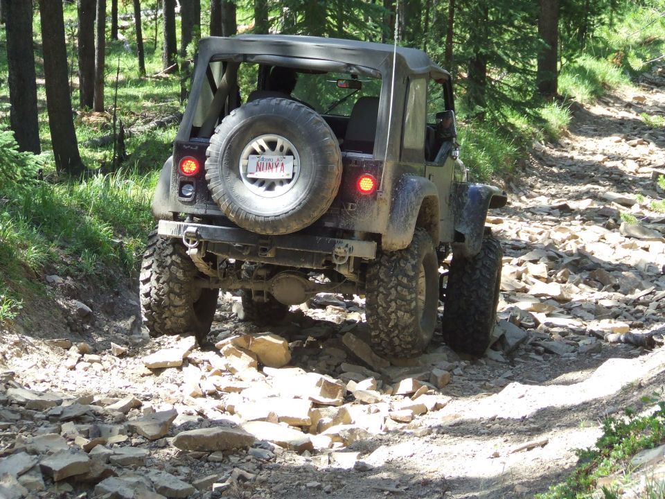 Jeep Wrangler driving on a very rocky trail through a forest