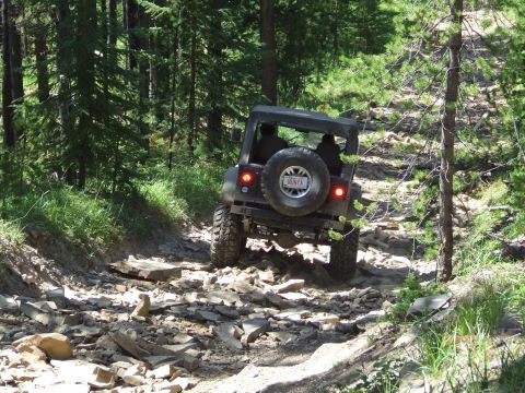 1990 Ford Bronco - A black Jeep Wrangler navigates a challenging, rocky off-road trail through a forest.