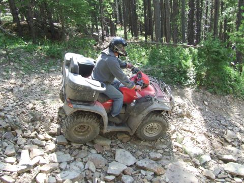 1990 Ford Bronco - Rider navigates a red ATV through a challenging rocky terrain in a forest.