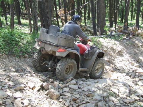 1990 Ford Bronco - An all-terrain vehicle navigates a rough, wooded path.