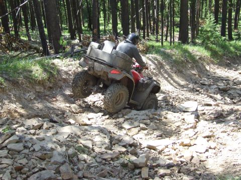 1990 Ford Bronco - ATV navigating a difficult, rocky path through a dense forest.