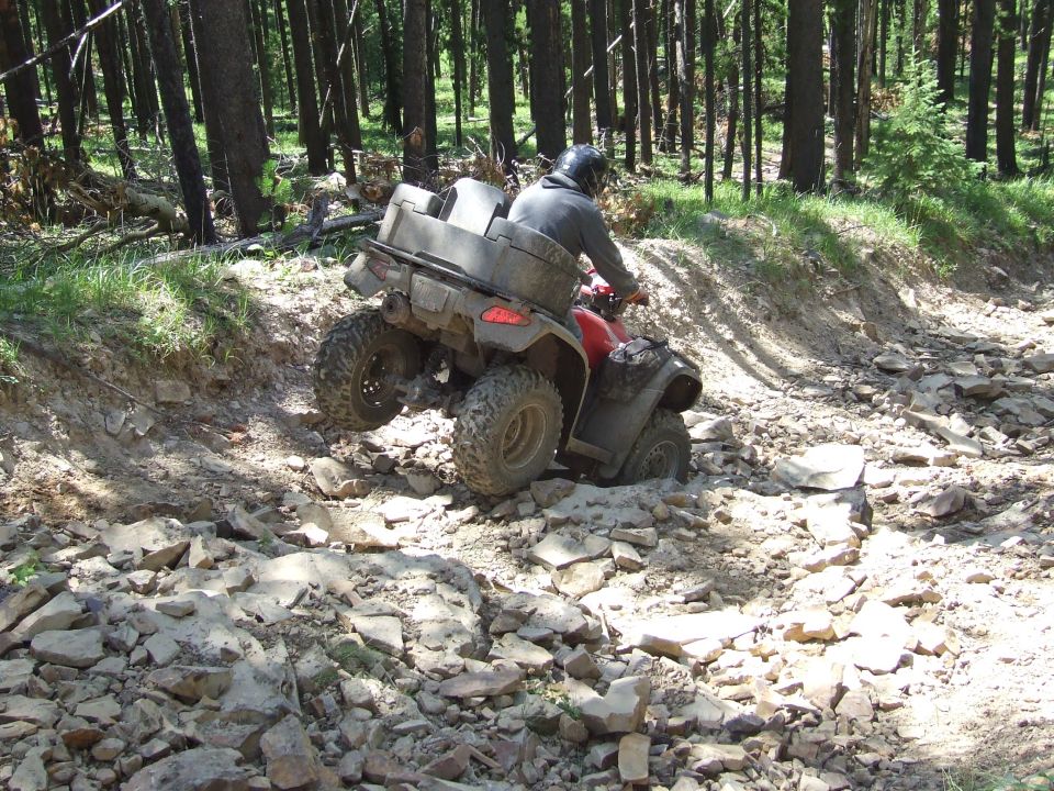 Red ATV with cargo box stuck on a rocky forest trail