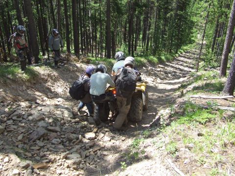 1990 Ford Bronco - ATV riders push their vehicle up a challenging, rocky path in a dense forest.