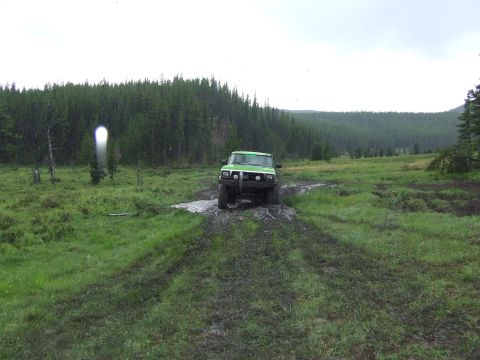 1990 Ford Bronco - A green Jeep Cherokee navigates a muddy trail through a grassy field with a dense forest beyond.