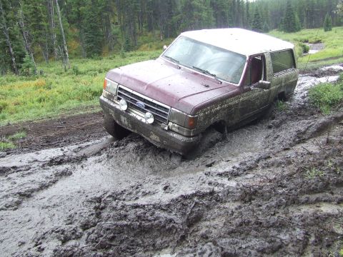 1990 Ford Bronco - This 1990 Ford Bronco is deep in the mud on an off-road trail.