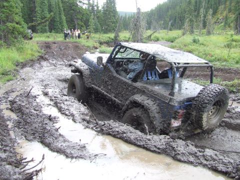 1990 Ford Bronco - An off-road vehicle is deeply stuck in thick mud on a trail, with trees and a forest in the background.